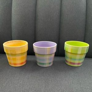 3 hand painted terracotta pots/ planters (d)